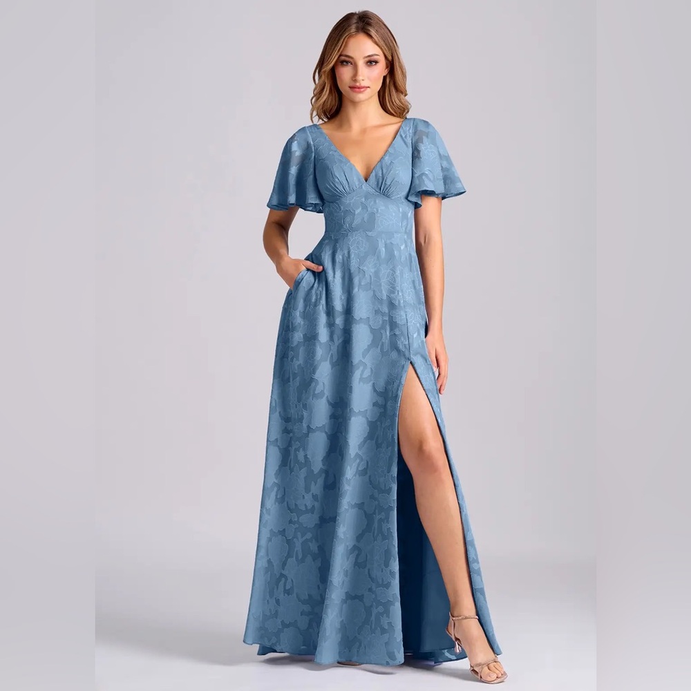 Azazie Kimber Steel Blue A-Line with Pockets Floral Burnout Dress
